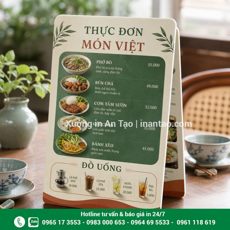 Menu decal dán formex hai mặt hoàn thiện Menu decal dán formex hai mặt đặt trên bàn nhà hàng