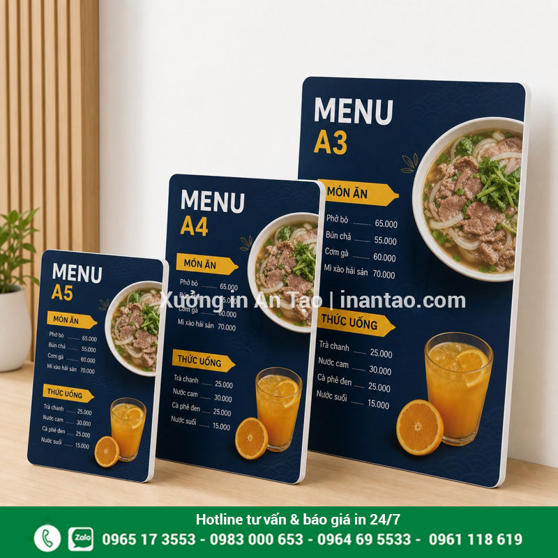 So sánh kích thước menu fomex A5 A4 và A3 Menu fomex ba kích thước A5 A4 A3 cho quán ăn