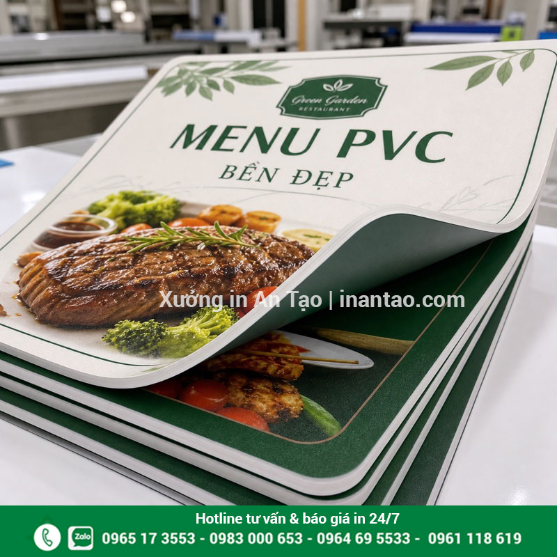 Menu nhựa PVC cán mờ bền đẹp Cận cảnh menu nhựa PVC cán mờ và bo góc