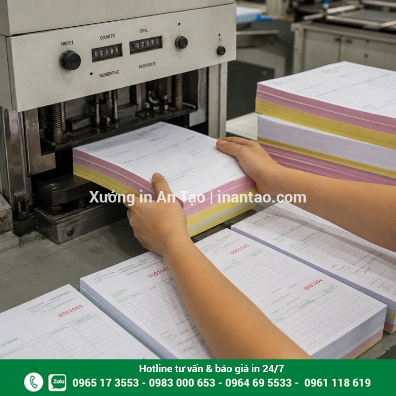 Quy trình in hóa đơn đánh số và đóng cuốn Công đoạn đánh số nhảy và hoàn thiện cuốn in hóa đơn tại xưởng