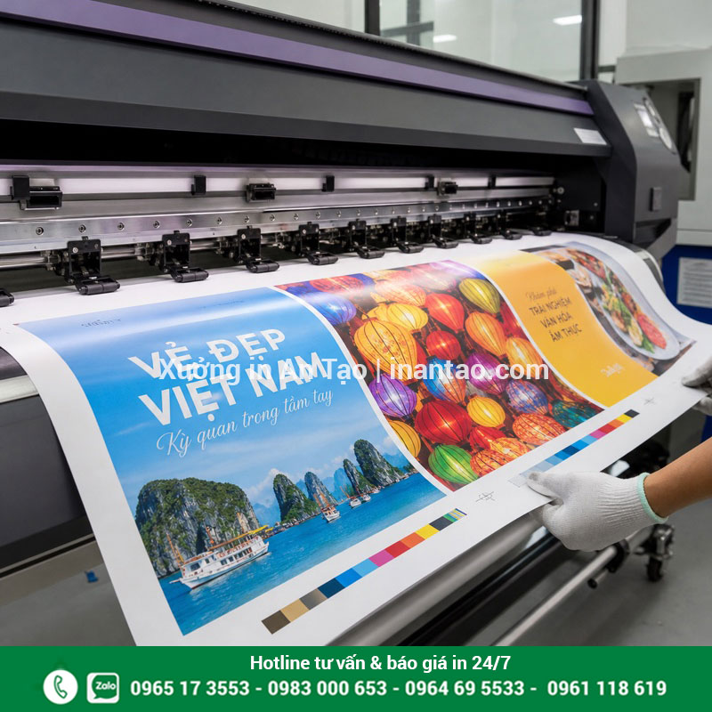 Quy trình in poster kỹ thuật số sắc nét Máy kỹ thuật số đang in poster màu khổ lớn tại xưởng