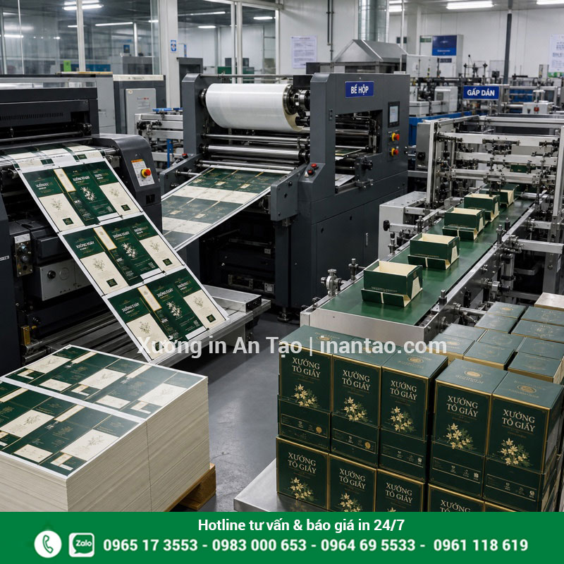 Quy trình sản xuất tại xưởng in hộp giấy Dây chuyền in cán bế gấp dán hộp giấy tại xưởng
