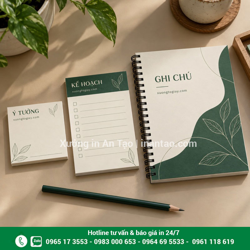 Chọn kích thước sổ ghi chú theo mục đích sử dụng Các mẫu giấy note khổ vuông, tập chữ nhật và sổ ghi chú lò xo phối màu xanh kem