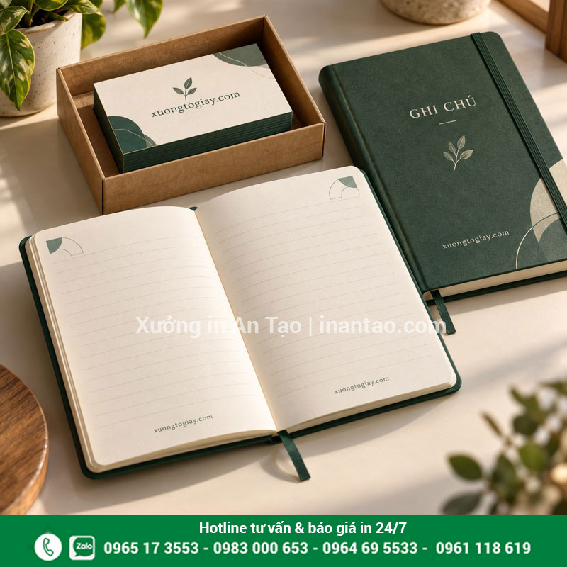 Thiết kế sổ ghi chú in logo làm quà tặng doanh nghiệp Bộ sổ ghi chú in logo xuongtogiay.com cùng danh thiếp trong khay quà tặng