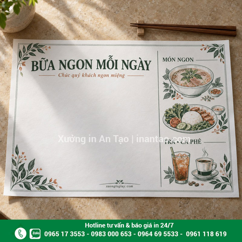 Mẫu thiết kế in giấy lót bàn ăn dễ đọc Thiết kế giấy lót bàn ăn có lời chào và hình minh họa món ăn