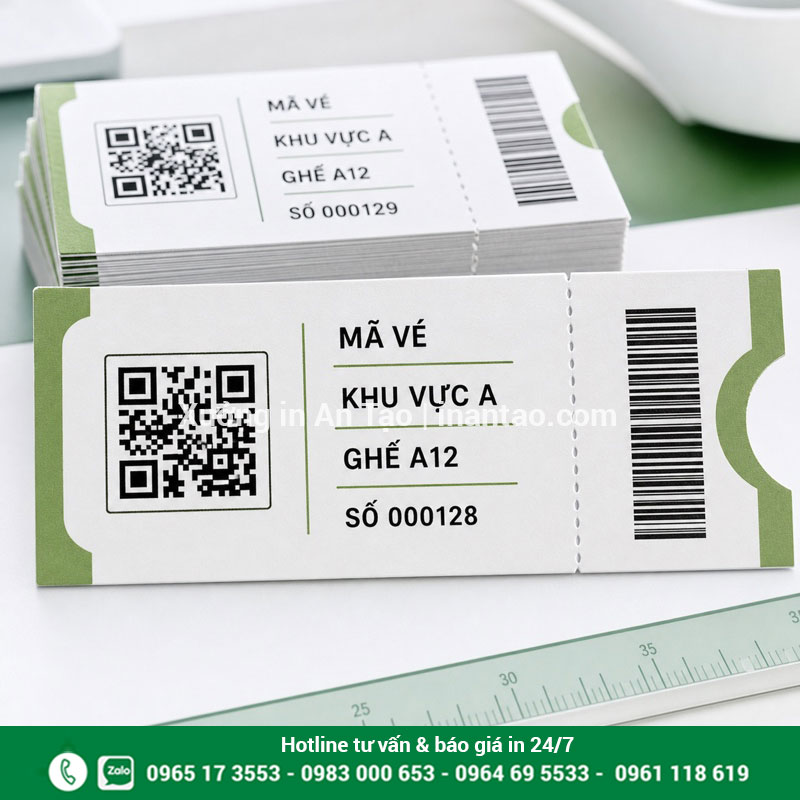 Vé sự kiện tích hợp QR và số nhảy Cận cảnh vé sự kiện có mã QR barcode số nhảy và cuống xé