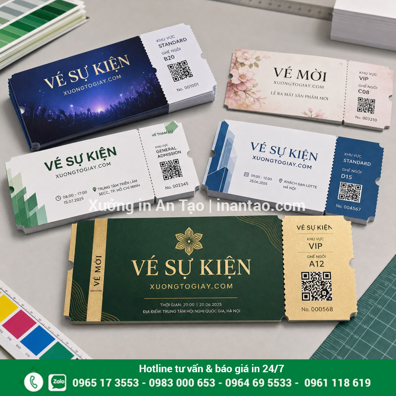 Vé sự kiện thiết kế đẹp tại xuongtogiay.com Mẫu vé sự kiện in màu có QR và cuống xé tại xuongtogiay.com