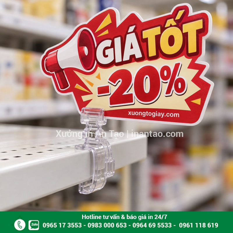 Chi tiết kẹp wobbler gắn trên kệ hàng Wobbler kẹp nhựa trong suốt giữ bảng Giá tốt giảm 20% trên mép kệ