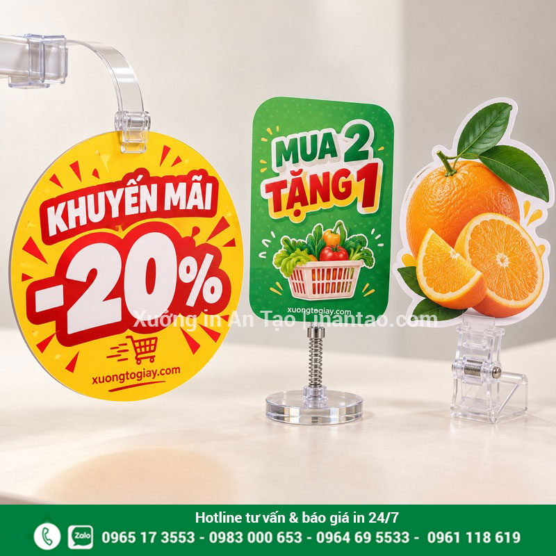 Mẫu wobbler quảng cáo tại xuongtogiay.com Bộ mẫu wobbler quảng cáo hình tròn, chữ nhật và quả cam với nội dung khuyến mãi